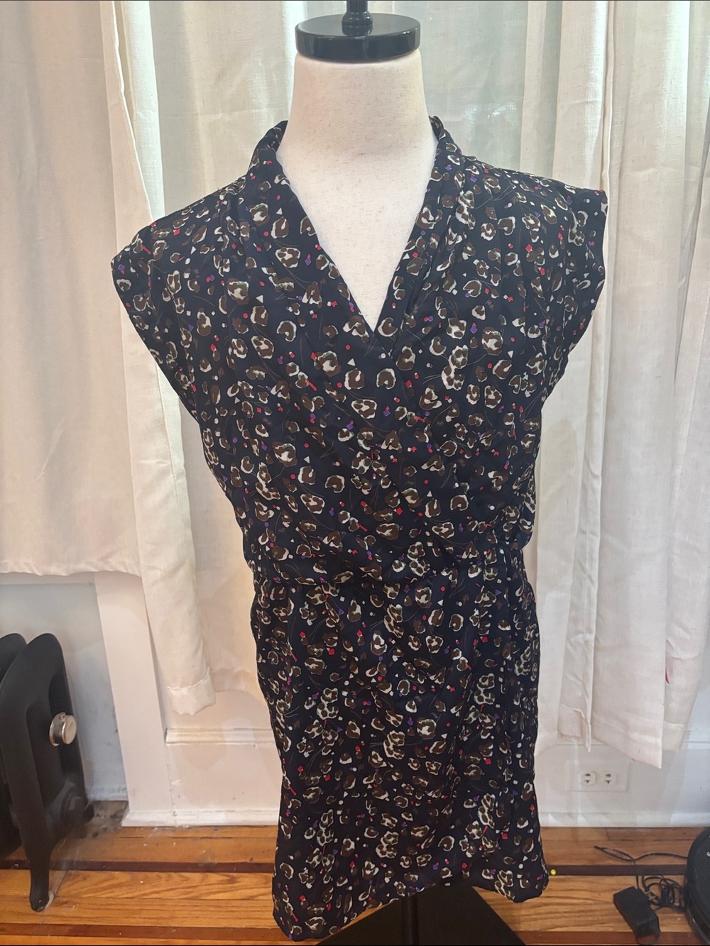 Aqua Black Floral-Spot V-Neck Dress